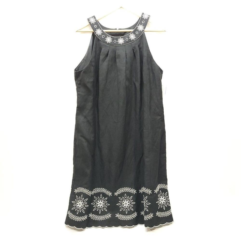 Willow Glenn Dress Women‎ 12 Black Linen Blend Embroidered Sleeveless Lined New